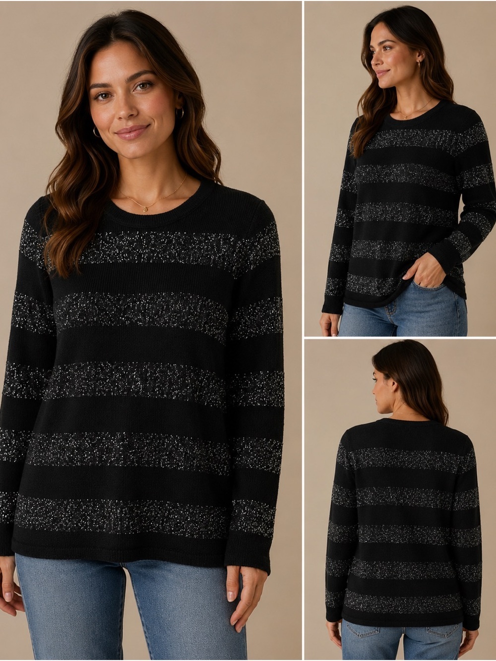 Gloria Vanderbilt Black Metallic Stripe Knit Sweater Women's M